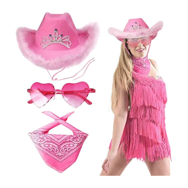 Sombrero De Vaquera  Con Gafas De Corazón + Bandana Cosplay Rosa Standar