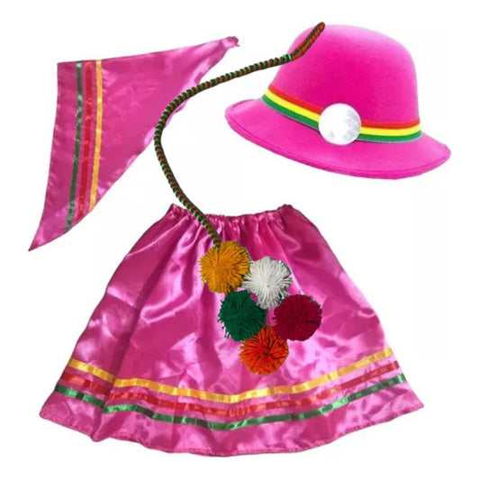 Traje Nortino Baile Nortino 3pzs + Pompon Fiestas Patrias Rosa Chicle Xl