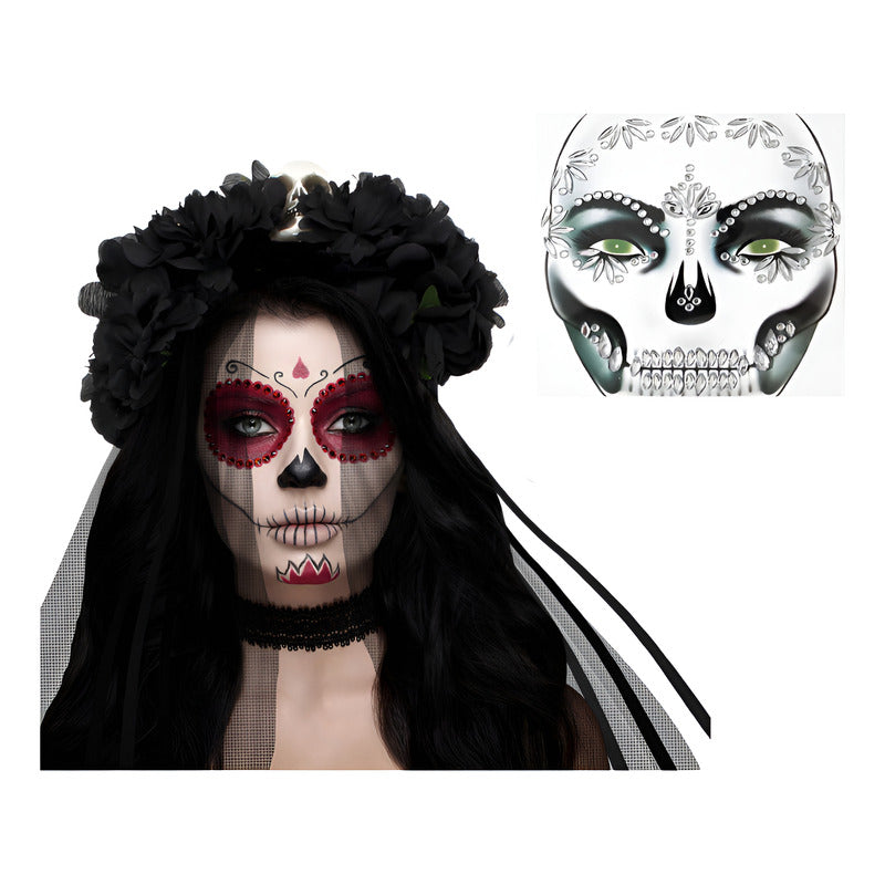 Set Cintillo Catrina+accesorios Brillantes Rostro Hallloween Negro