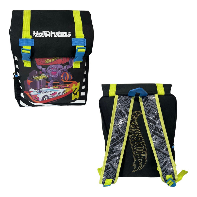 Mochila Escolar Hot Wheels + Estuche Negro Liso