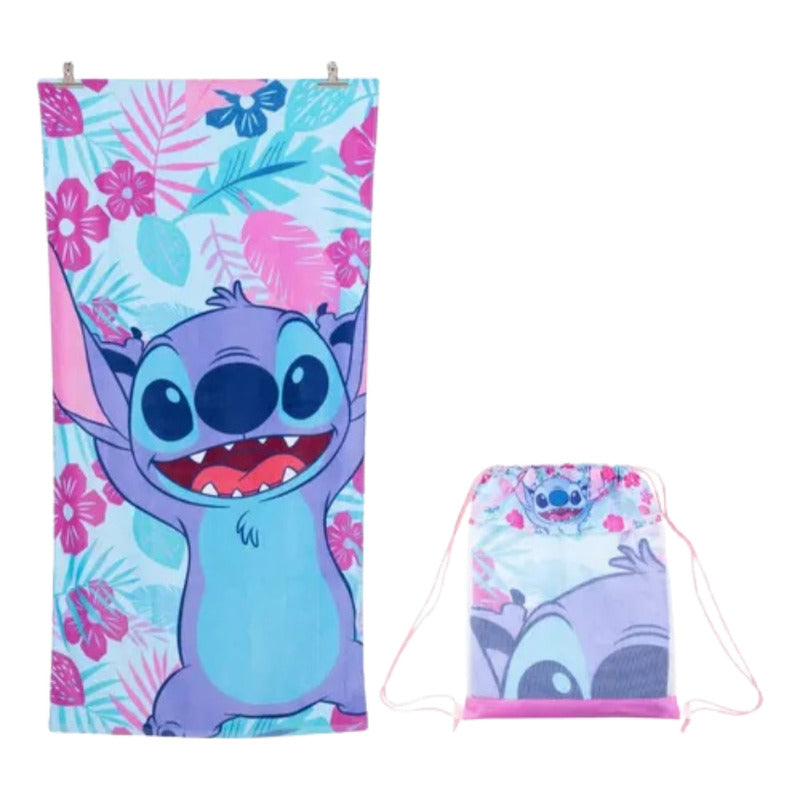 Toalla Playa Algodon C/ Bolso 140x70 Cm Celeste Stitch Flores Lisa