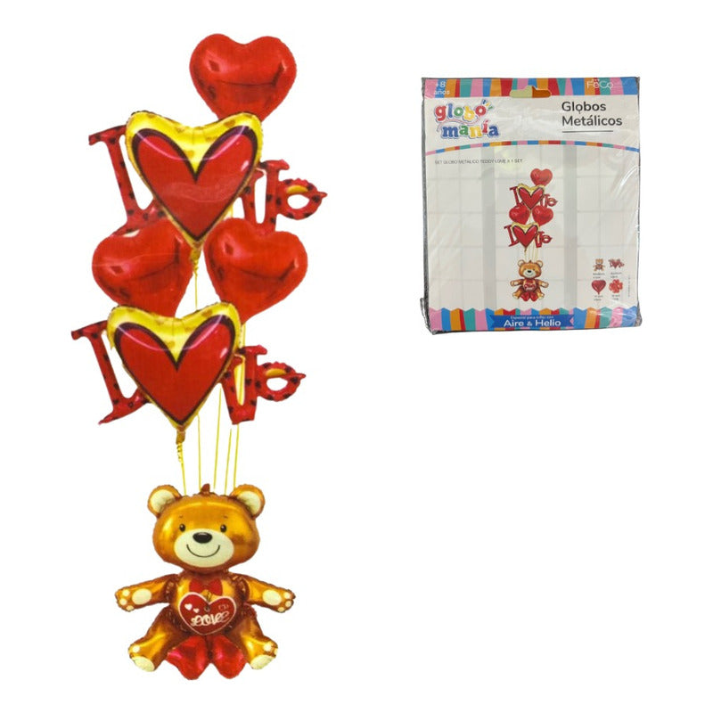Pack Globos Figura Oso Teddy 60cm Decoración Amor  Rojo Oso Con Corazones