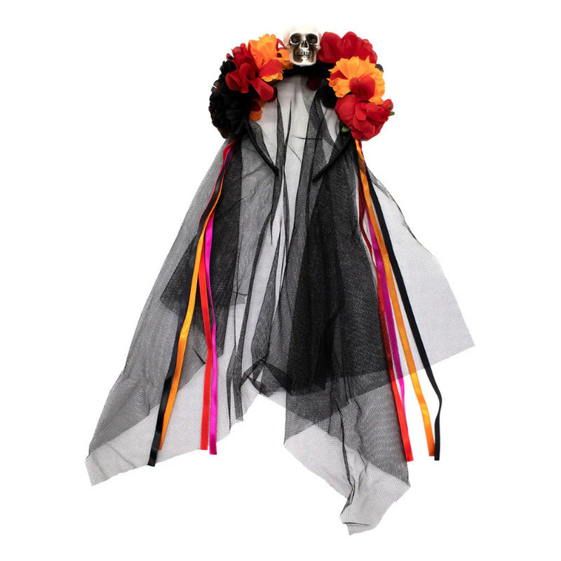 Set Cintillo Catrina+accesorios Brillantes Rostro Hallloween Naranja