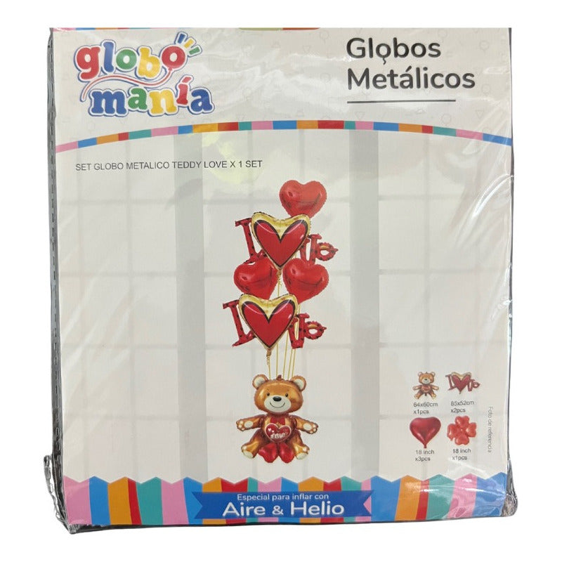 Pack Globos Figura Oso Teddy 60cm Decoración Amor  Rojo Oso Con Corazones
