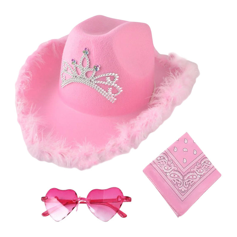 Sombrero De Vaquera  Con Gafas De Corazón + Bandana Cosplay Rosa Standar
