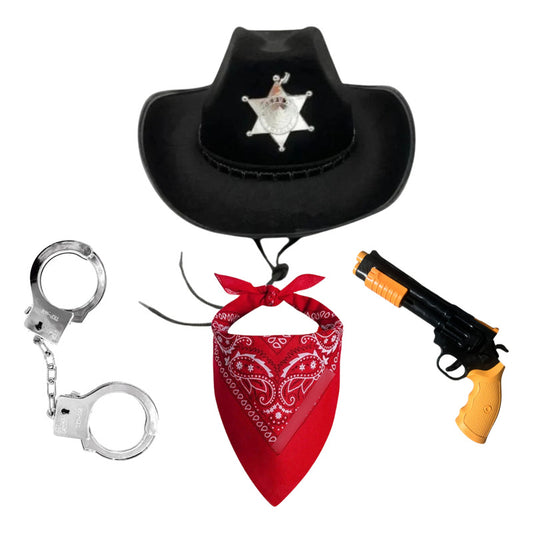Set Disfraz Sheriff Cosplay Sombrero Pistola Esposas Bandana Negro Standar