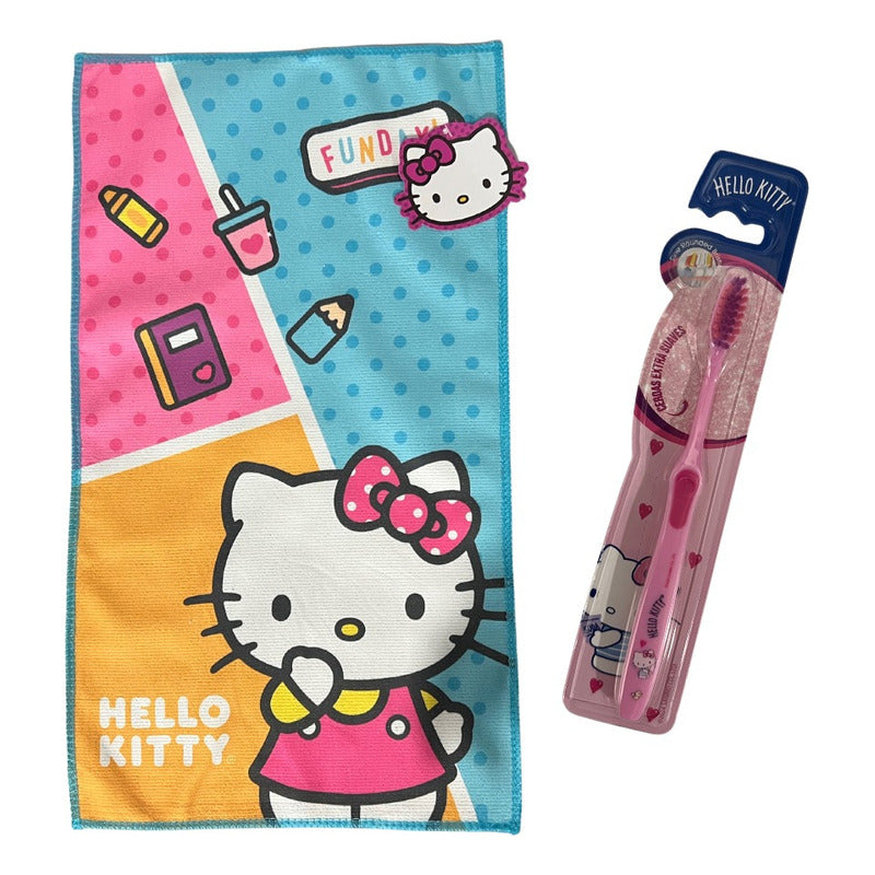 Set Higiene Dental Toalla + Cepillo Hello Kitty Escolar Niña
