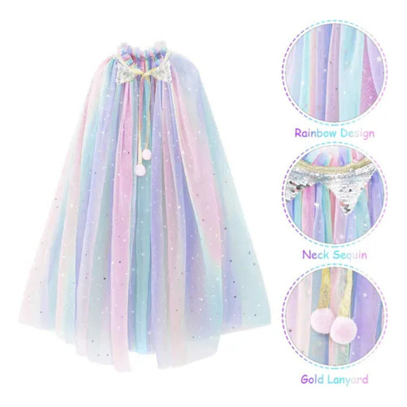 Disfraz De Princesa Para Niñas Capa Corona Varita Multicolor 70cm