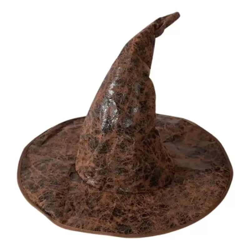 Sombrero Cónico De Bruja Y Hechicero De Cuero Sintético Marrón Para Adultos Y Niños