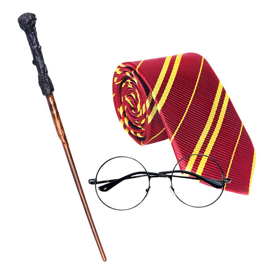 Corbata Gryffindor Harry Potter + Lentes + Varita Burdeo Standar