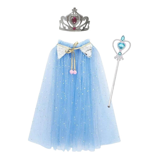 Disfraz De Princesa Para Niñas Capa Corona Varita Celeste 70cm