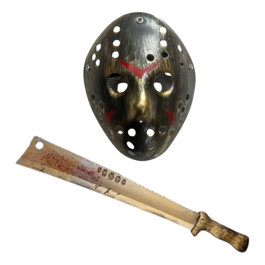 Set Jason Voorhees Máscara Cuchillo Carnicero Halloweem Dorado Oscuro