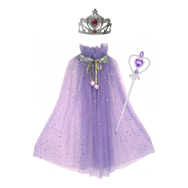 Disfraz De Princesa Para Niñas Capa Corona Varita Violeta 70cm