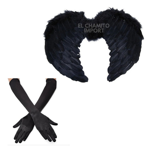 Set Angel Negro/blanco Alas Plumas + Guantes Disfraz Mujer