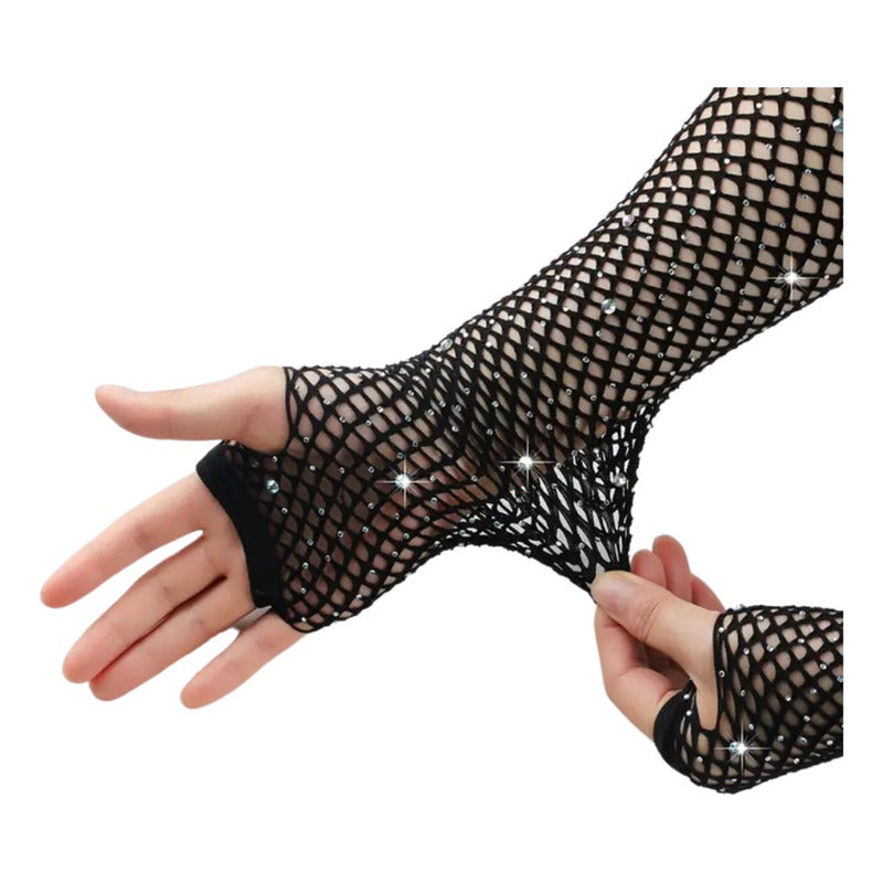 Guantes De Malla Largos Con Brillos Rock Punk Gotico Cosplay