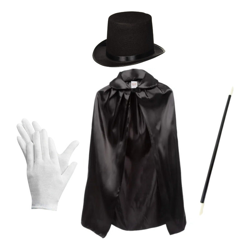 Disfraz Mago Adulto Capa, Gorro, Guantes Y Varita Negro