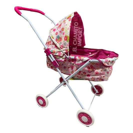 Coche Cuna De Juguete Grande Con Pañalera Incluida Fuscia-gris Liso