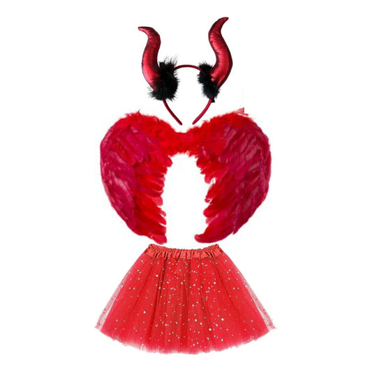 Disfraz  Diablita Cuernos Con Alas De Plumas
