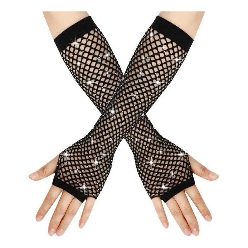 Guantes De Malla Largos Con Brillos Rock Punk Gotico Cosplay